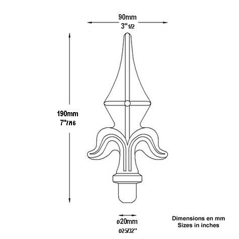 Pointe de lance 190mm diametre 20mm forme de lys estampe acier