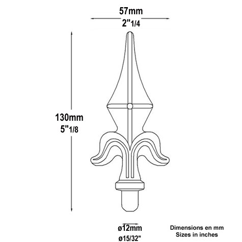 Pointe de lance 130mm diametre 12mm en forme de lys en acier estamp