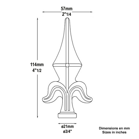 Fer de lance- Pointe de lance 114mm  collerette 21mm au dessin fleur de lys fer forg collerette