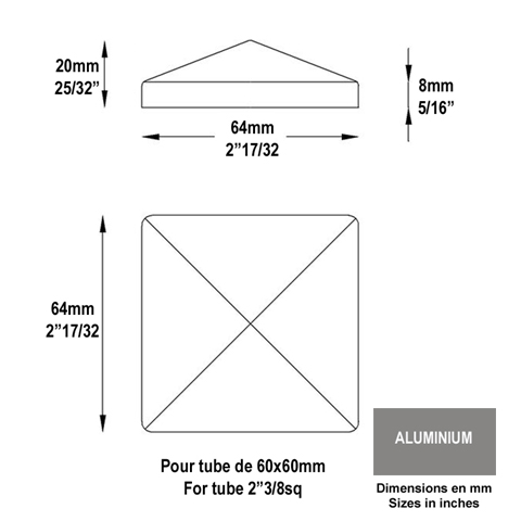 Couvre pilastre 60x60mm aluminium chapeau couvre poteau  coller