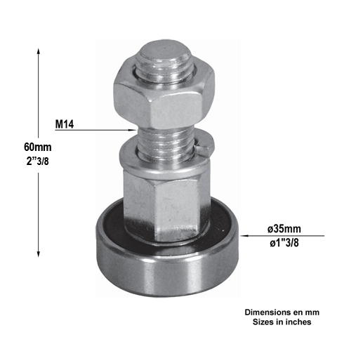 Galet de guidage 35x60mm axe M14 mont sur roulement  billes pour portails