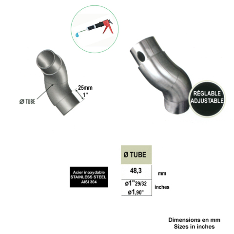 Connecteur rglable de tube rond 48,3mm INOX304 IN2355 Connecteurs de tube INOX Connecteur tube rond INOX304 IN2355