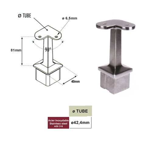 Support d'angle 90 de main courante 42,4mm et poteau 40x40mm INOX316 IN2423 Support de main courante INOX Support pour poteau inox 316 IN2423