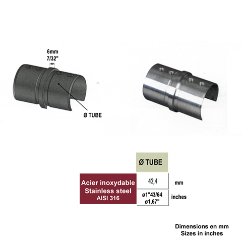 Union droit de main courante inox 316 ronde 42,4mm IN26591 Garde-corps en verre Raccords pour main courante inox IN26591