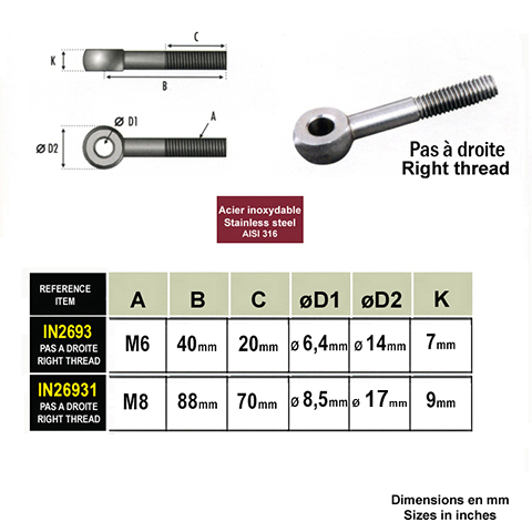 Vis  oeillet pour chape filete M6 pas  droite pour tendeur de cble IN2693 Tendeur manuel sans sertissage Chape et platine pour tendeur cable  inox IN2693