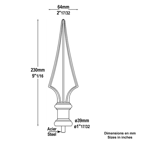 Pointe de lance fonte 230mm FA1603 Pointe de lance Fonte FA1603