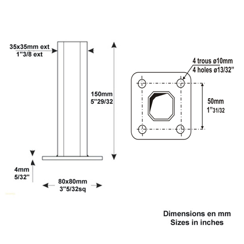 Pied-platine tube 35x35mm embase 80x80mm pour tube 40x40mm aluminium