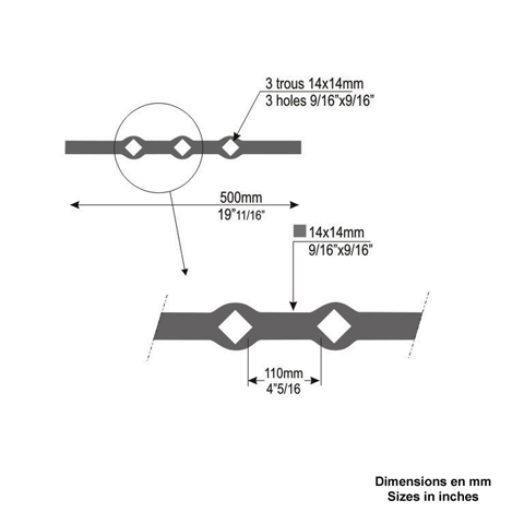 Barres 14x14mm 3 trous losange 14x14mm renfls longueur 50cm pour grilles de dfense